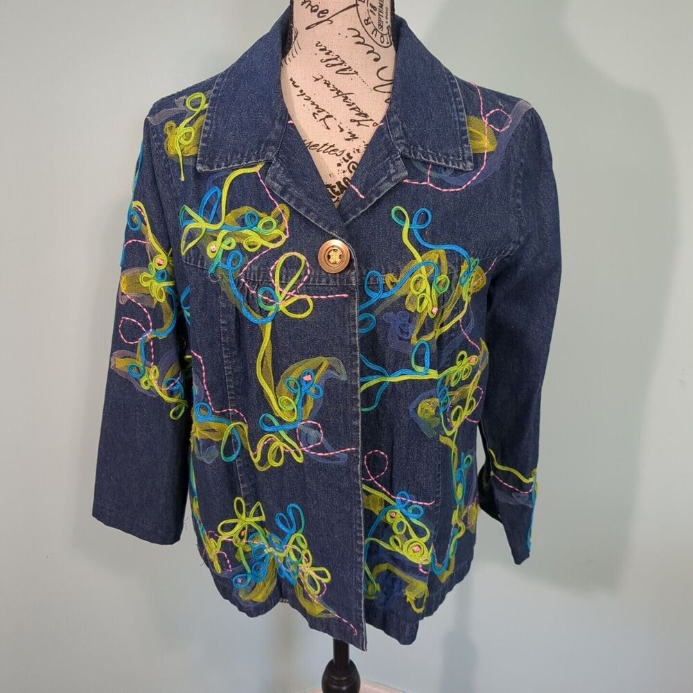Applique Jean Jacket Beaded Embellished Blue/Green/Pink small Vintage